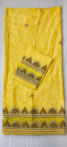 Yellow Designer George Fabric with Heavy Hand Embroidery and Beaded Net Blouse for Party Wear