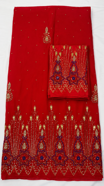 Red Premium Embroidery George Fabric with Heavy Gold & Blue Beaded Net Blouse for Nigerian Wedding Wear