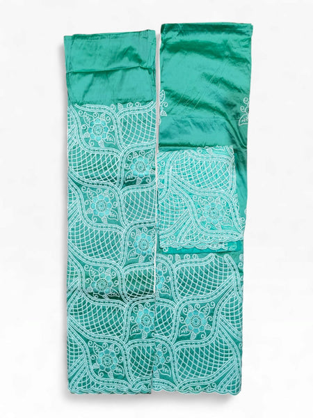 Sea Green Luxury Embroidered George Fabric with Floral Mesh Pattern | Premium Wedding & Party Wear