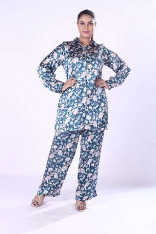 Soft And Smooth Blue Floral Print Co-Ord Set Zaara Poly For Women And Girls
