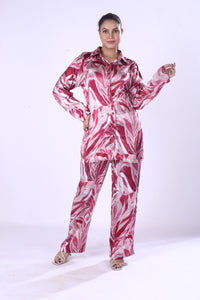 Eye-Catching Leaf Print Design Glossy Shine Pink And White Co-Ord Set