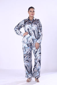Blue & Silver Satin Co-Ord Set for Women Luxe Zaara Poly Leaf Print