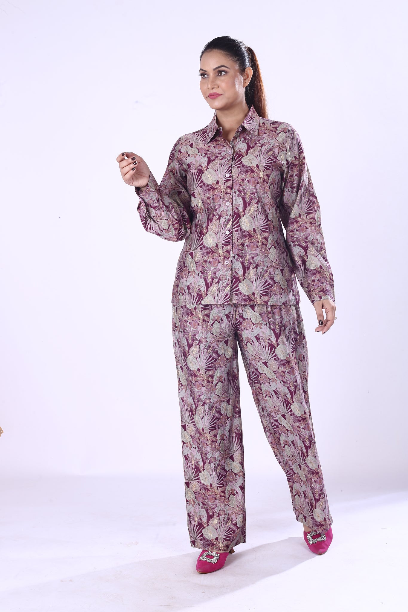 Floral Co-Ord Set for Women Elegant Purple & Cream Viscose Cotton Silk Blend
