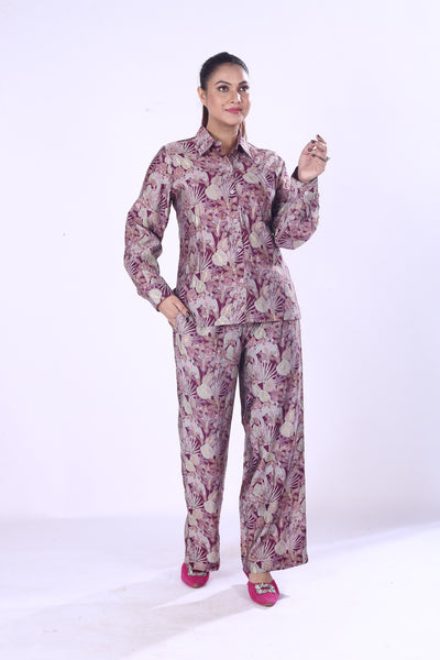 Floral Co-Ord Set for Women Elegant Purple & Cream Viscose Cotton Silk Blend