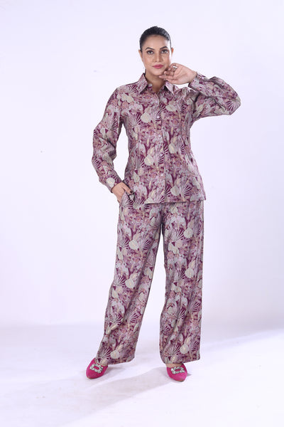 Floral Co-Ord Set for Women Elegant Purple & Cream Viscose Cotton Silk Blend