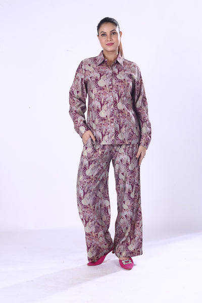 Floral Co-Ord Set for Women Elegant Purple & Cream Viscose Cotton Silk Blend
