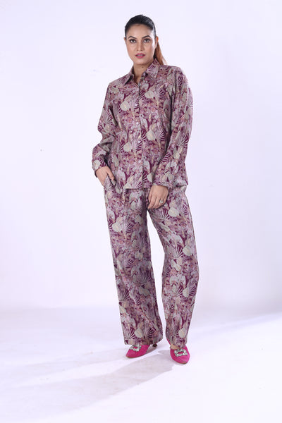 Floral Co-Ord Set for Women Elegant Purple & Cream Viscose Cotton Silk Blend