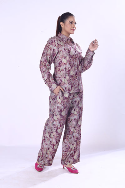 Floral Co-Ord Set for Women Elegant Purple & Cream Viscose Cotton Silk Blend