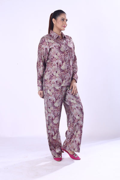 Floral Co-Ord Set for Women Elegant Purple & Cream Viscose Cotton Silk Blend