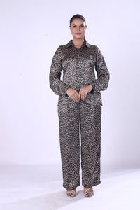 Leopard Print Satin Co-Ord Set Women’s Stylish Poly Satin Shirt & Pants