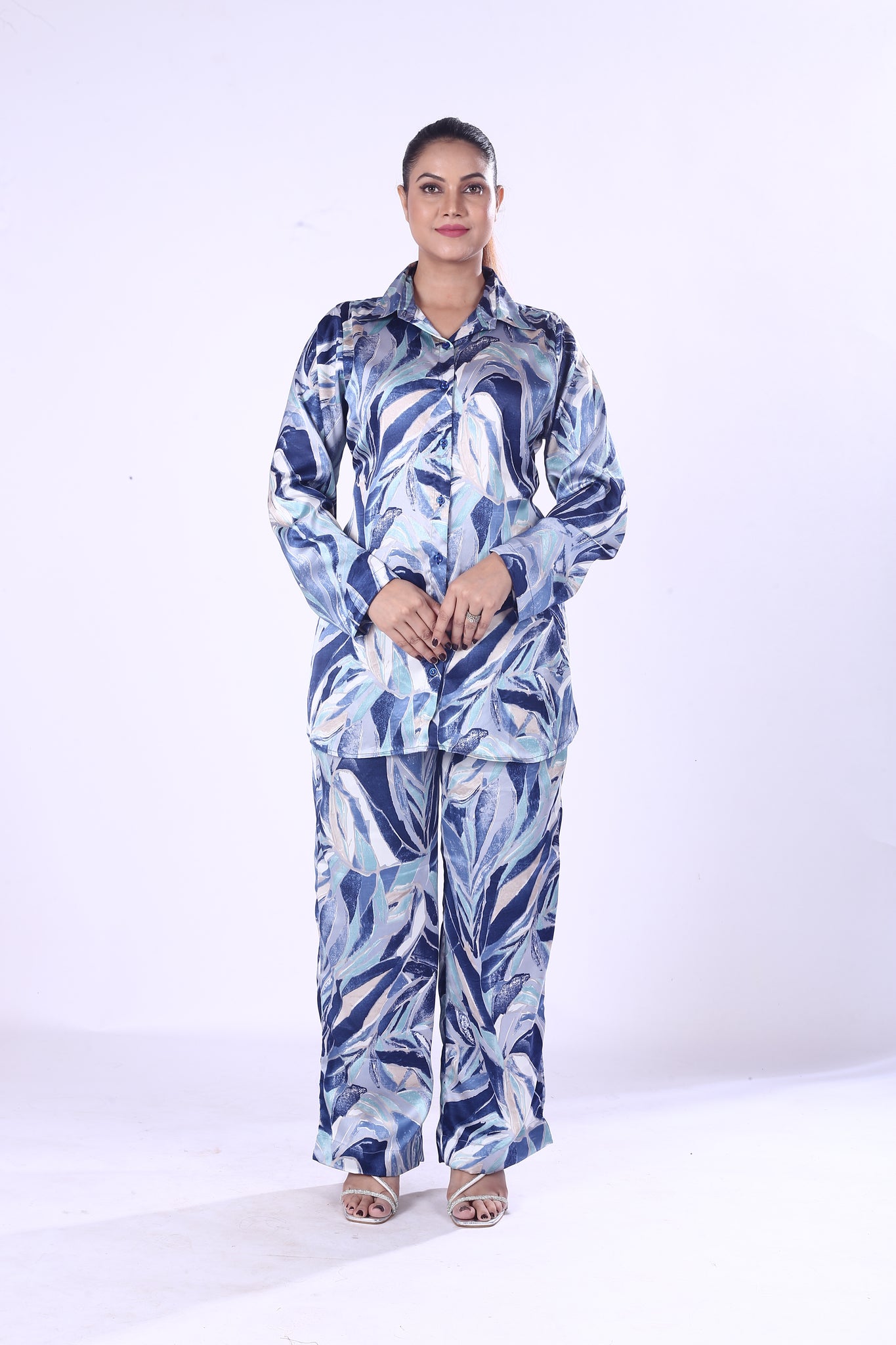 Royal Blue Leaf Print Co-Ord Set for Women & Girls Lightweight Poly-Cotton Casual Wear