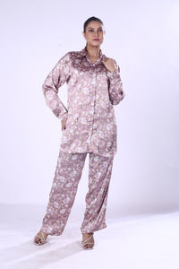 Baby Pink Floral Co-Ord Set Polyester Shirt & Matching Pants for Women