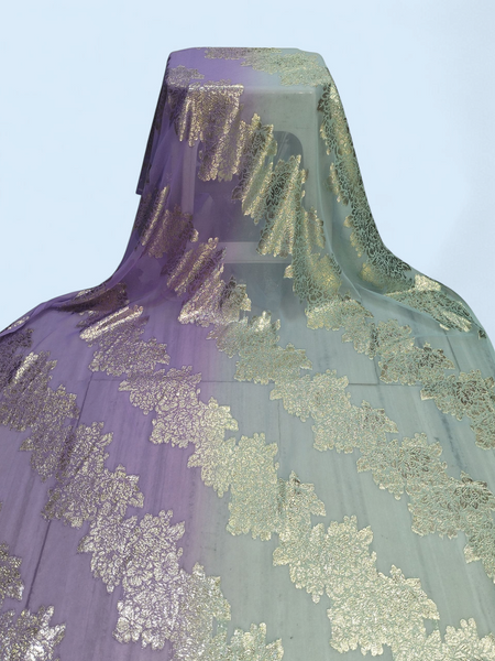 Elegant Purple And Light Blue Gradient With Shimmering Silver Floral Patterns Fransawi Dirac | Perfect For Wedding & Evening Wear