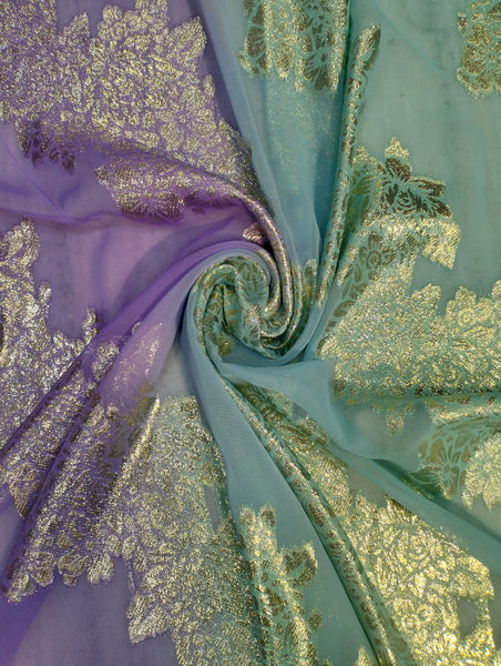 Elegant Purple And Light Blue Gradient With Shimmering Silver Floral Patterns Fransawi Dirac | Perfect For Wedding & Evening Wear