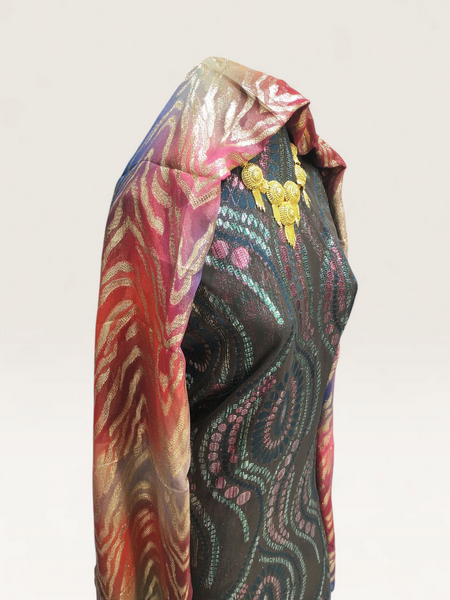 Luxury Black Fransawi Dirac with Multicolor Shimmer Design & Premium Shawl | Perfect for Wedding and for special Occasions