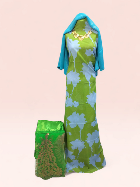 Premium Lime Green Floral Swiss Dirac with Sky Blue Shimmer Shawl – Elegant Somali Wedding Collection