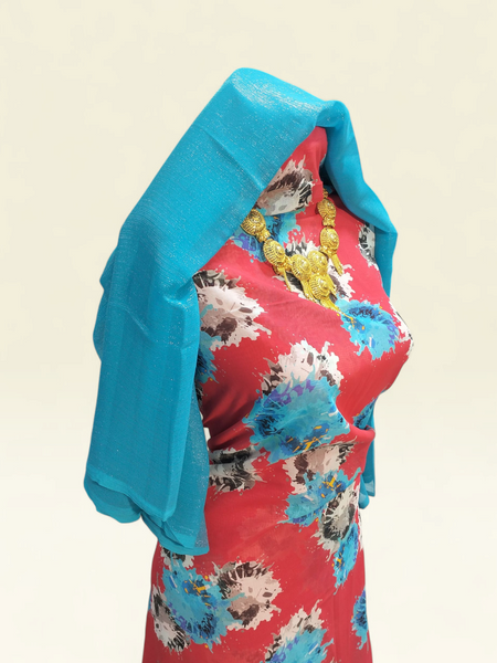 Beautiful Swiss Dirac with a vibrant red floral print with a luxurious sky blue shawl perfect for daily wear and special occasion wear
