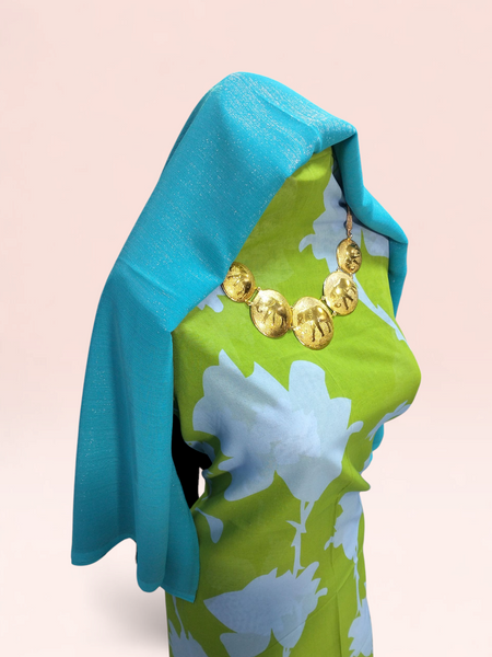 Premium Lime Green Floral Swiss Dirac with Sky Blue Shimmer Shawl – Elegant Somali Wedding Collection