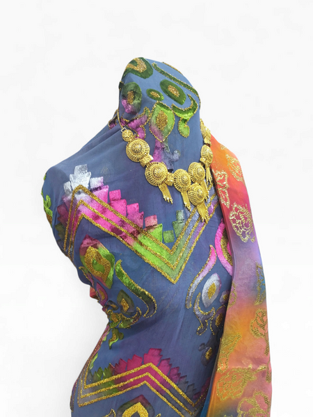 Luxury Slate Blue Maqbal Dirac with Rainbow Gold Shawl | Perfect For Wedding & Occasion Wear