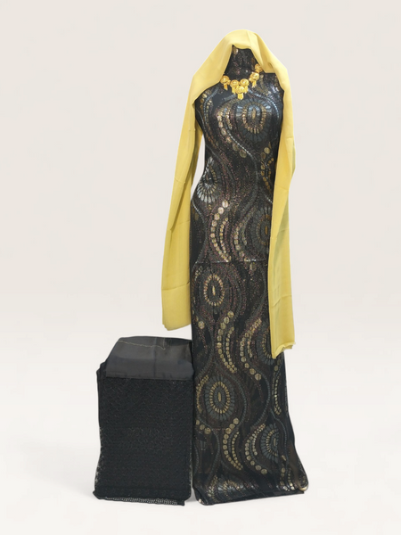 Premium Black Fransawi Dirac with Matching Yellow Shawl | Perfect For Wedding And Evening Wear