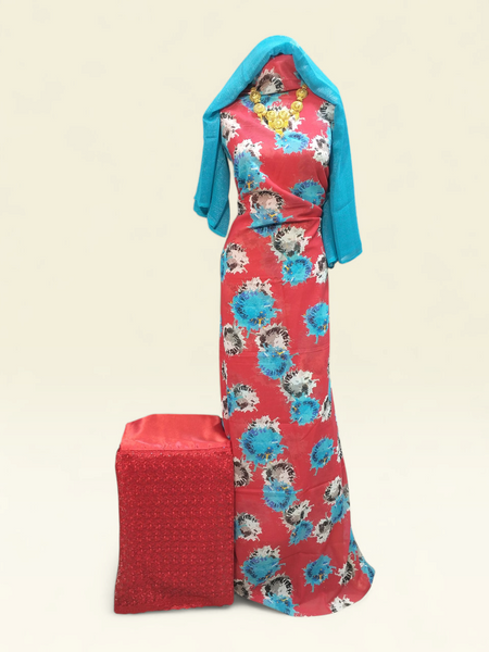 Beautiful Swiss Dirac with a vibrant red floral print with a luxurious sky blue shawl perfect for daily wear and special occasion wear