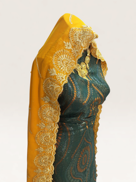 Luxury Emerald Green Fransawi Dirac with Golden Shimmer Design & Mustard Embroidered Shawl
