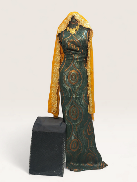 Luxury Emerald Green Fransawi Dirac with Golden Shimmer Design & Mustard Embroidered Shawl