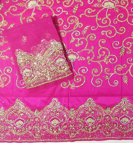 New African George Wrapper Pink Fabric With Golden Stone Beaded Fabric For Nigerian Wedding And Evening Party Dress For African Women