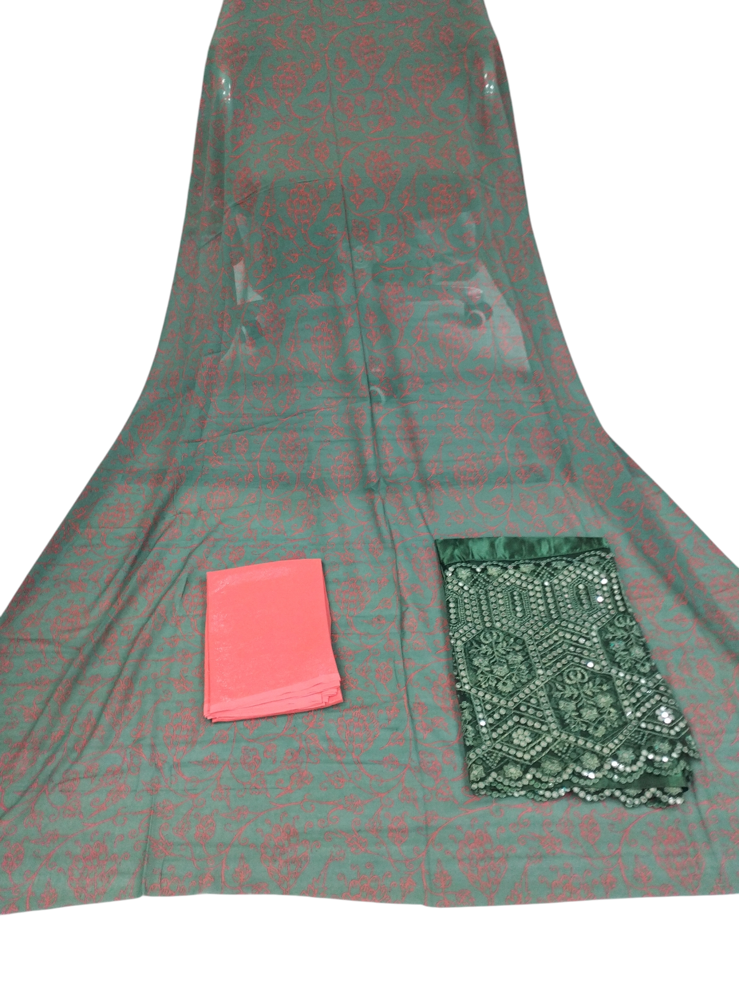 Light Red Design on Dark Green Background Fransawi Dirac
