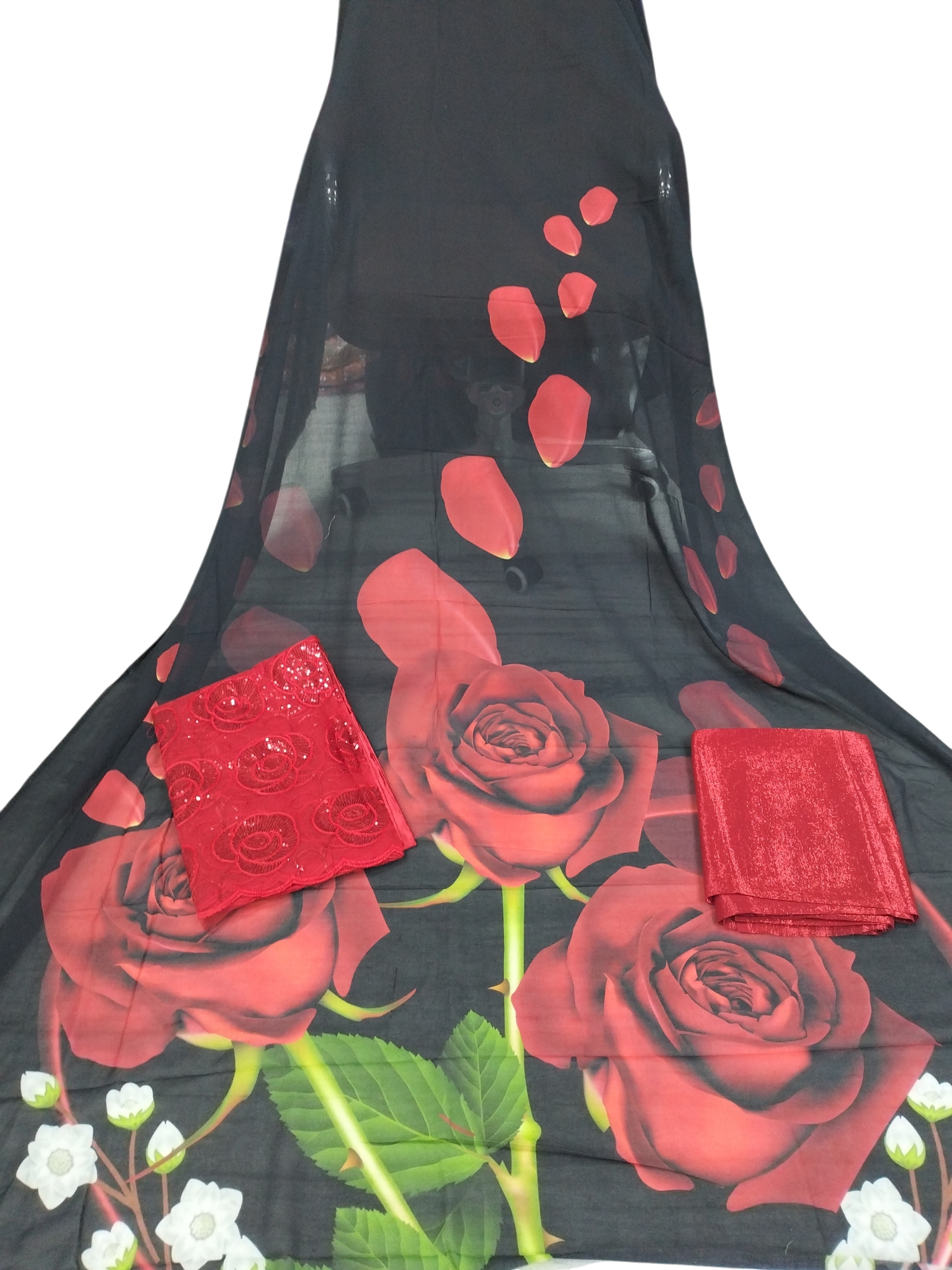 Light White, Light Red, Green, and Yellow Floral Design on Light Black Background Fransawi Dirac