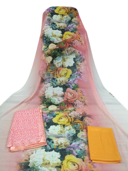 Pink, Yellow, Orange, Dark Green, and White Floral on Pink Background Fransawi Dirac