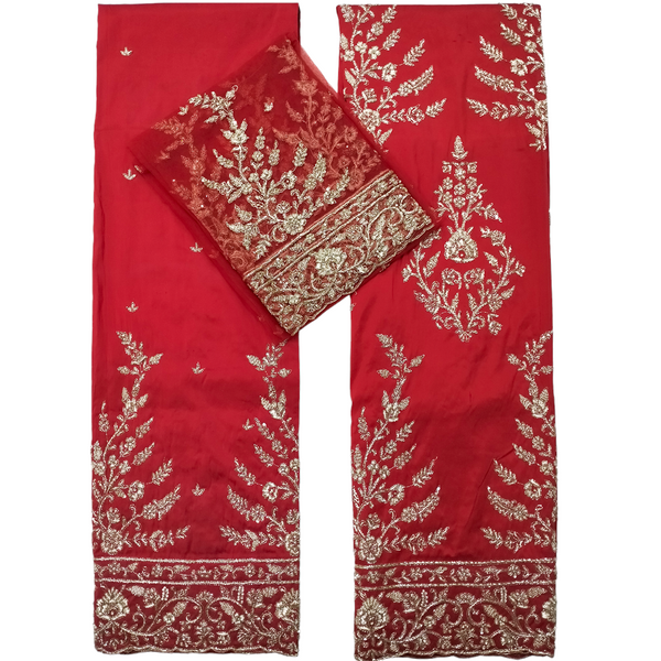 Red Color Bridal VIP George Wrappers Zardozi Hand Made Beaded Design 5+2 Yards Fabric