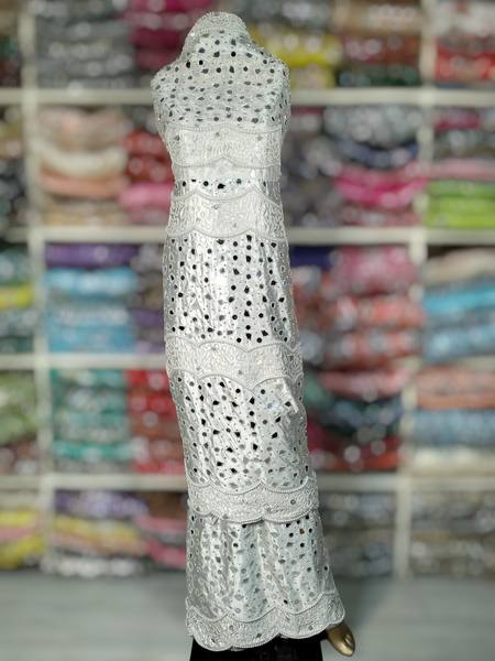 White Color Shimmer Silk Nigerian George Fabric Manufacturer Mirror And Stone Beaded fabric