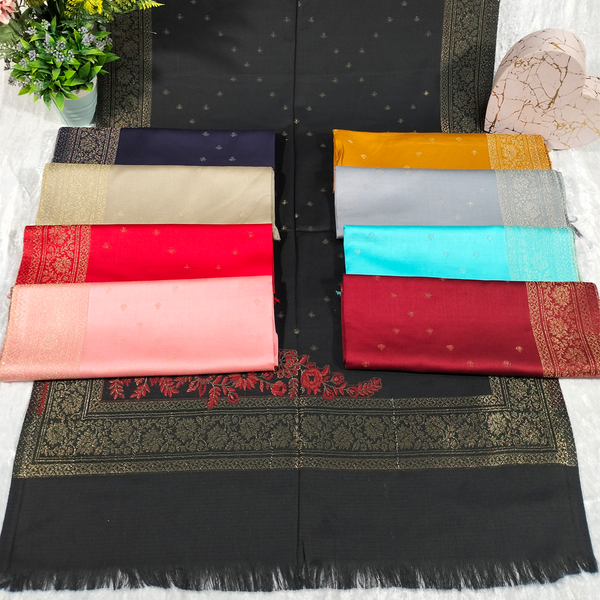 Red and Gold Design on Black Background Pashmina Shawl Available in Darkest Purple, Orange, Beige-Blue-Gray, Red, Light Blue, Pink, and Dark Red