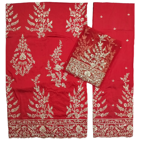 Red Color Bridal VIP George Wrappers Zardozi Hand Made Beaded Design 5+2 Yards Fabric