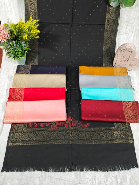 Gold Design on Black Background Pashmina Shawl Available in Darkest Purple, Orange, Beige-Blue-Gray, Red, Light Blue, Pink, and Dark Red