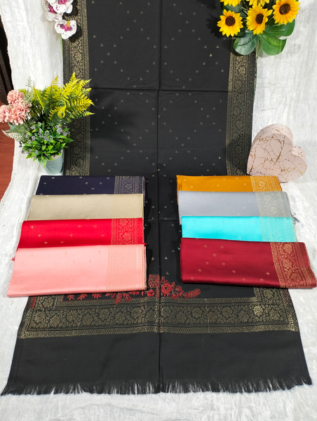 Gold Design on Black Background Pashmina Shawl Available in Darkest Purple, Orange, Beige-Blue-Gray, Red, Light Blue, Pink, and Dark Red