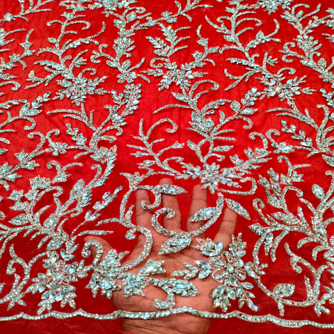 Buy European Red Lace Fabric Handmade Heavy Stone Beads Bridal Net For Women Dresses