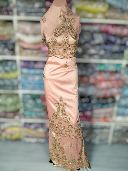 African Women George Fabric Order Online Lilac Color Golden Beaded Women Nigerian George