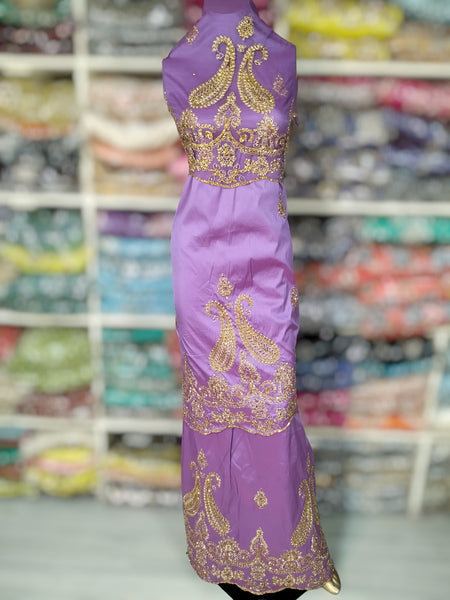 African Women George Fabric Order Online Lilac Color Golden Beaded Women Nigerian George