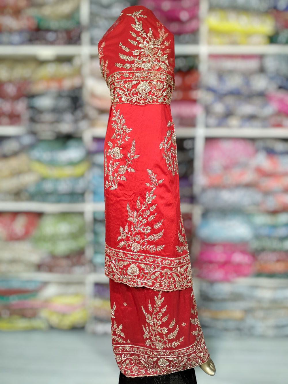 Red Color Bridal VIP George Wrappers Zardozi Hand Made Beaded Design 5+2 Yards Fabric
