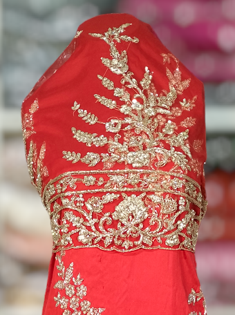 Red Color Bridal VIP George Wrappers Zardozi Hand Made Beaded Design 5+2 Yards Fabric