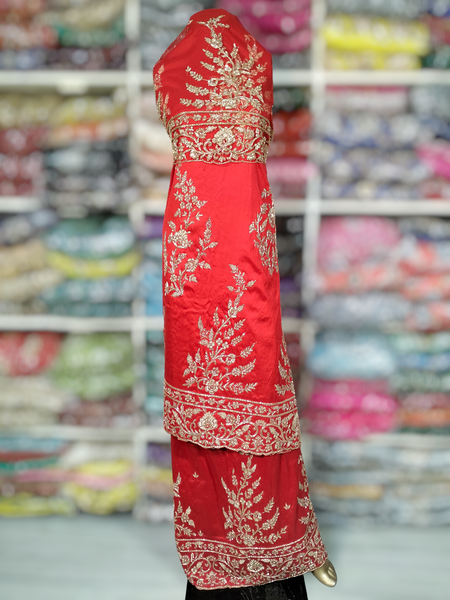 Red Color Bridal VIP George Wrappers Zardozi Hand Made Beaded Design 5+2 Yards Fabric