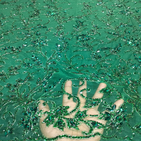 African Trending French Net Heavy Stone Lace Handmade 5 Yards Forest Green For Wedding