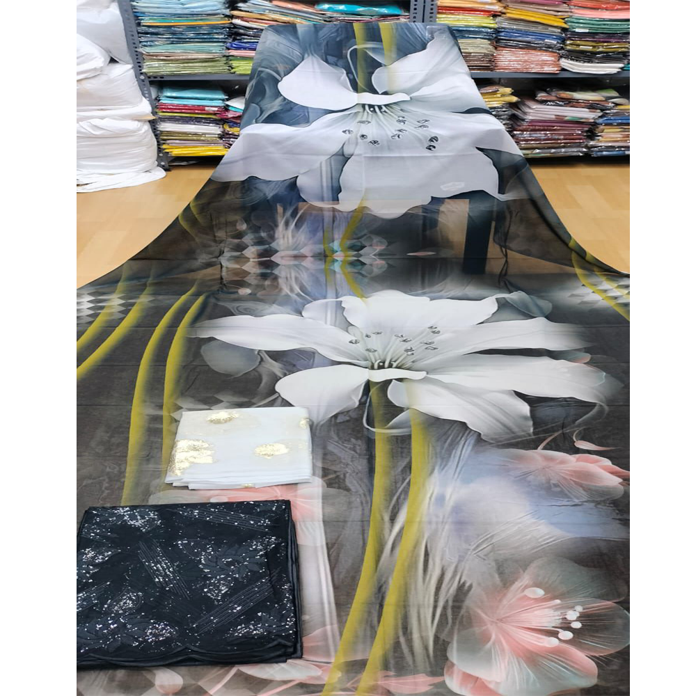 Off-White Floral with Yellow Stem Design on Black Background Swiss Dirac
