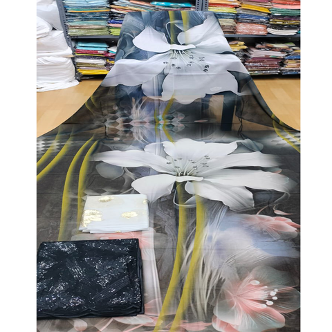 Off-White Floral with Yellow Stem Design on Black Background Swiss Dirac
