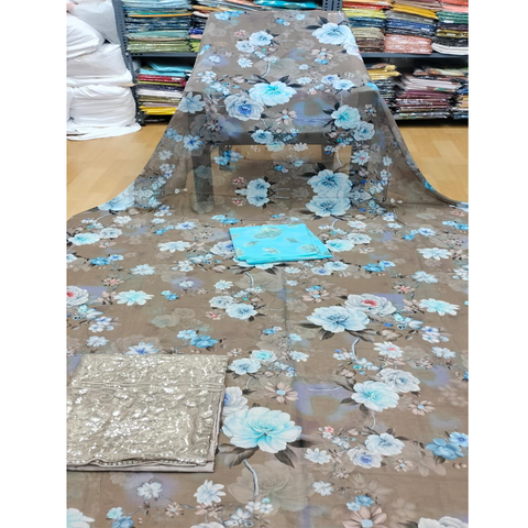 Light Blue Floral on Dull Brown Background Swiss Dirac