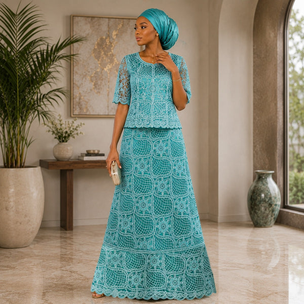 Sea Green Luxury Embroidered George Fabric with Floral Mesh Pattern | Premium Wedding & Party Wear