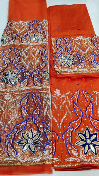Orange Luxury Handwork George Fabric with Blue & Gold Beaded Embroidery | Premium Nigerian Wedding George Fabric