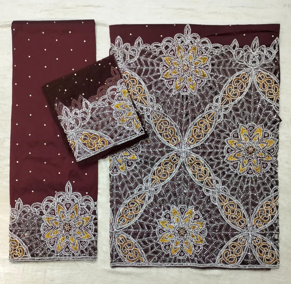 Premium Wine Brown George Fabric with Luxury Silver & Gold Hand Bead Embroidery | Bridal Wedding Material